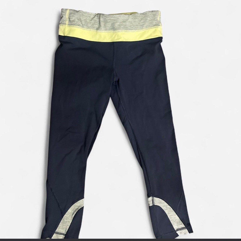 lululemon athletica Navy Capri Leggings with Yellow and Light Gray Trim